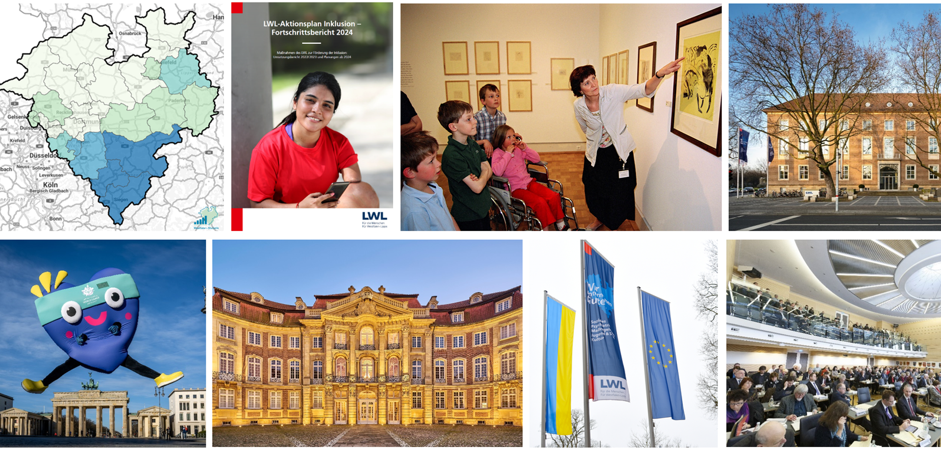 Verschiedene Bilder zeigen u. a. den Erbdrostenhof, das LWL-Landeshaus und den Fortschrittsbericht 2024 zum LWL-Aktionsplan Inklusion Verschiedene Bilder zeigen u. a. den Erbdrostenhof, das LWL-Landeshaus und den Fortschrittsbericht 2024 zum LWL-Aktionsplan Inklusion