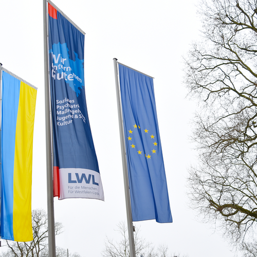 Ukraine-, LWL- und EU-Flagge